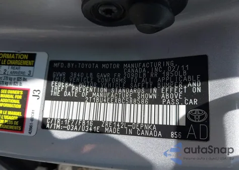 2011 Toyota Corolla Le from USA, damaged, VIN 2T1BU4EEXBC588586